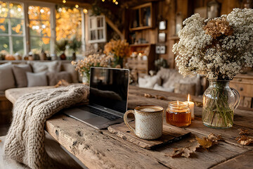 Wall Mural - Cozy Autumn Home Workspace with Warm Decor and Seasonal Accents for Relaxed Productivity
