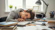 © Ismatara - Teenager sleeping on books on a desk with vr headset and lamp in a bright room at home