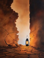Wall Mural - A glowing lantern illuminating a cracked earth path between two rugged stone walls at dusk