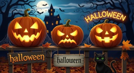 Wall Mural - Spooky halloween night scene with carved pumpkins and a black cat on a fence line