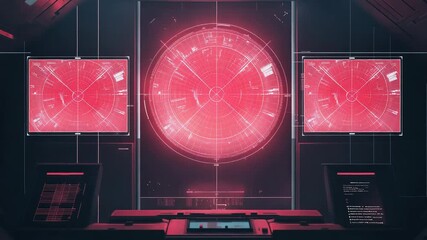 Wall Mural - futuristic command center showing a circular radar screen glowing red in a dark room