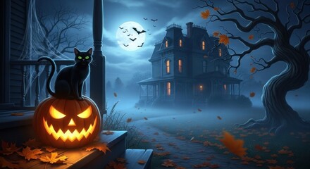 Wall Mural - Black cat sits on a glowing jacko'lantern in front of a spooky haunted house