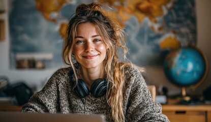 Young woman with long, styled hair, wearing headphones, smiling at the camera, sitting at a laptop.  A world map and a globe are visible in the background