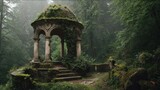 mossy gazebo in misty forest