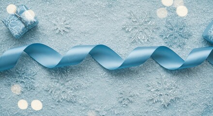 Blue ribbon curves across a light blue snowy surface with snowflakes bokeh and gift boxes on each end