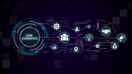 User experience ux concept illustrating teamwork technology and design process, Business ,Internet and network concept.  Abstract technology virtual screen background. 