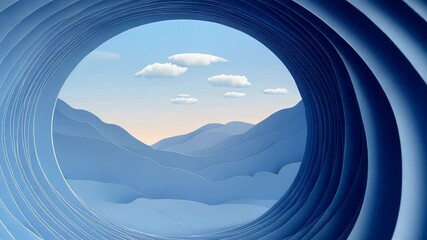 Paper cutout landscape showing blue mountains and cloudy sky