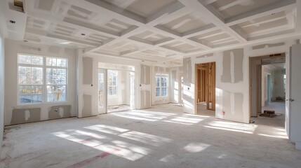 Wall Mural - a spacious interior of a modern home, featuring unfinished walls, abundant natural light, and a clea