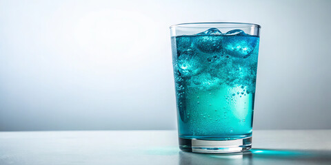 A clear glass filled with a vibrant blue drink featuring bubbles and ice. The beverage sits on a smooth surface, illuminated by soft, diffused light in the background