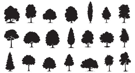 Collection of diverse tree silhouettes for landscape design and artistic projects white background