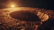 © backup_studio - Captivating view of a large crater on a celestial body illuminated by sunlight in a star-filled sky