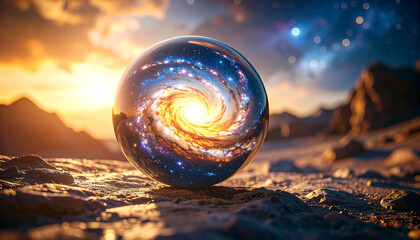 Wall Mural - glass sphere with swirling galaxy stars, nebulae and cosmic dust. alien rocky terrain.