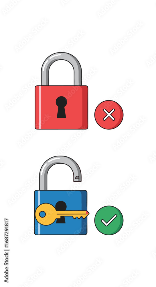 Secure access achieved through key and unlocked padlock symbols with ...