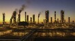 © Temblem - Industrial oil refinery glowing at dusk with smoke rising from chimneys under a serene twilight sky