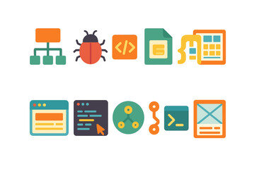 Software development flat icon set. programming, coding, web, ui/ux, data