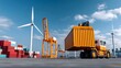© pkproject - Aerial view of a bustling cargo port with rows of shipping containers, large cranes, and transportation trucks, showcasing the infrastructure and logistics involved in global trade and distribution.