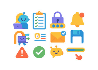 Wall Mural - Security, technology flat icon set. cyber protection, safety icons flat collection