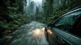 car driving through jungle stream with big water splash, off-road adventure in tropical forest, vehicle crossing river in motion