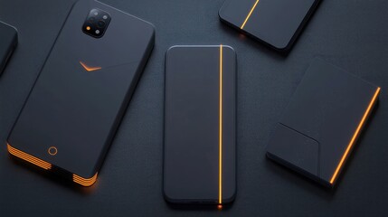 Sleek dark smartphones with orange accents on dark surface.
