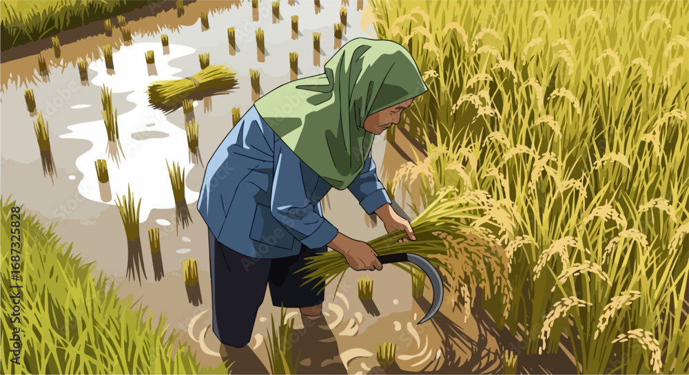 Woman harvesting rice, bending over to cut stalks of rice with sickle ...