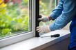 © Risat Designer - Skilled hands in white gloves meticulously install a new weatherstripping seal onto a modern window frame for improved insulation and energy efficiency
