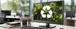 © pvl0707 - Workstation featuring a computer monitor displaying a recycling symbol amidst a modern office environment during daylight hours