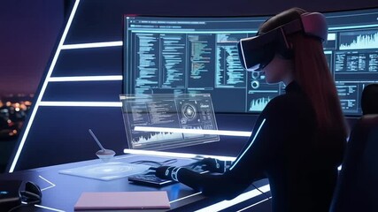 A woman immersed in virtual reality at a modern tech workspace.