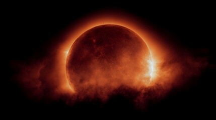 Wall Mural - vivid orange solar eclipse with glowing corona and smoky clouds against black space