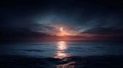 Wall Mural - crescent sun eclipsing over calm ocean horizon at twilight with shimmering reflection