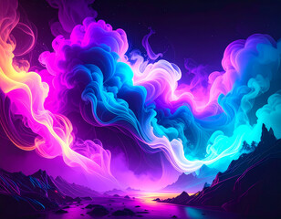 Canvas Print - mystical abstract landscape with vibrant neon smoke and clouds in dreamy colorful sky. this fantasy 