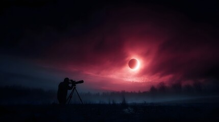Wall Mural - astronomer with telescope observes dramatic solar eclipse in foggy rural night sky with glowing hori