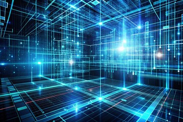 Abstract digital grid with glowing blue lines and nodes, representing data flow and network connections in a futuristic cyberspace