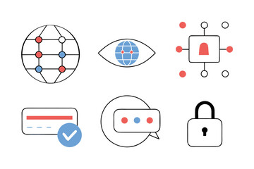 Collection of modern flat icons representing technology security communication and finance