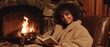 © Bog - The woman reading a book by the warm fireplace in a cozy setting