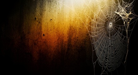 Closeup of a delicate spiderweb glistening with dew drops against a dark, textured, and moody background with warm light