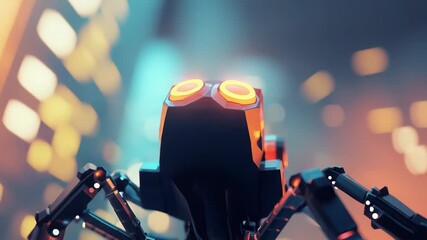 Surveillance robot spider patrolling futuristic city at night