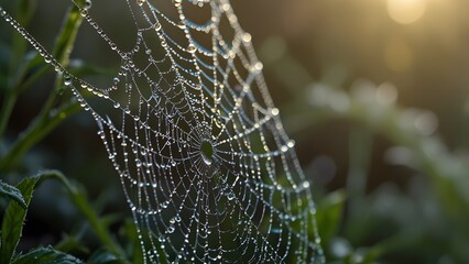 A close up macro of a delicate spider web covered in sparkling dew drops, backlit by the warm morning sun against a green background. Beautiful nature concept