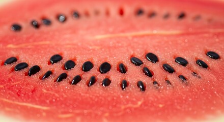 Close up macro of fresh red watermelon flesh with black seeds intricate natural pattern