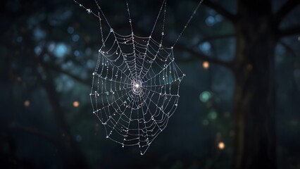 A close up of a beautiful spider web covered in dew drops, sparkling against a dark background with magical bokeh lights. Nature and Halloween concept