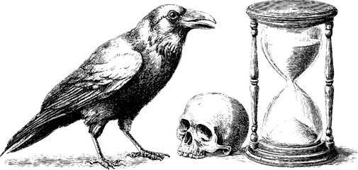 Wall Mural - Engraved illustration set of crow, skull, and hourglass for retro design