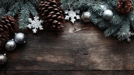 Wall Mural - christmas background on wooden table with copyspace top view of xmas tree with pine cone and snowflake christmas fir branch with silver balls no logos no brands ar 169