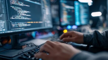 Medium shot featuring a programmers focused hands typing code related to watermark evaluation keyboard and monitor in sharp detail with background elements out of focus.