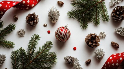Wall Mural - christmas composition fir branches pine cones christmas balls ribbon and tinsel flat lay top view no logos no brands ar 169