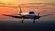 © medi - A small airplane flies through the air at sunset, with the sun reflecting off its side.