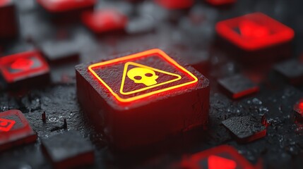 Glowing skull warning on black circuit board with red highlights creates danger