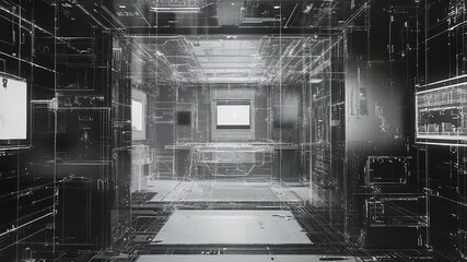 Wall Mural - futuristic corridor leading to virtual office space with glowing lines