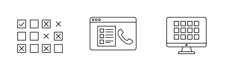 Three graphical icons representing a form a webpage and a computer screen in a row isolated
