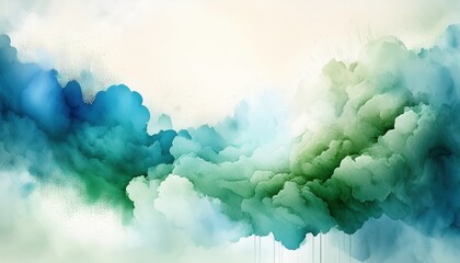 Wall Mural - soft swirling green and blue watercolor clouds with textured highlights for abstract background or d