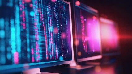 Computer monitors showing programming code in futuristic dark environment
