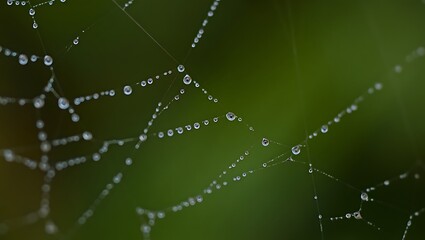 Delicate Spiderweb Adorned with Sparkling Dewdrops on a Serene Green Background Macro Nature Photography